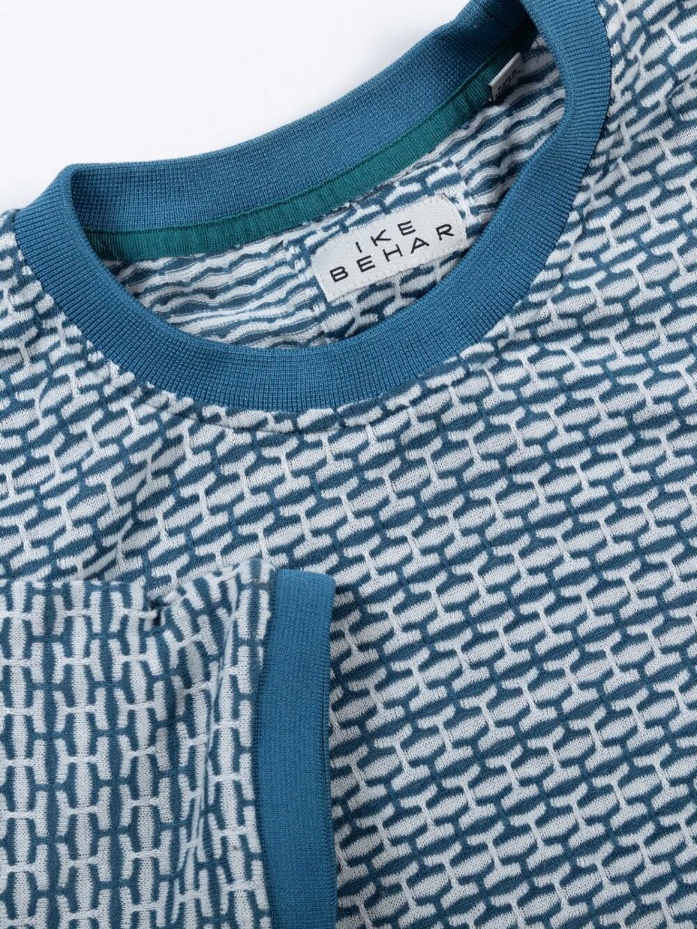 Ike Behar Mens 70s Style Knit Geometric T-Shirt Short Sleeve Blue White Large